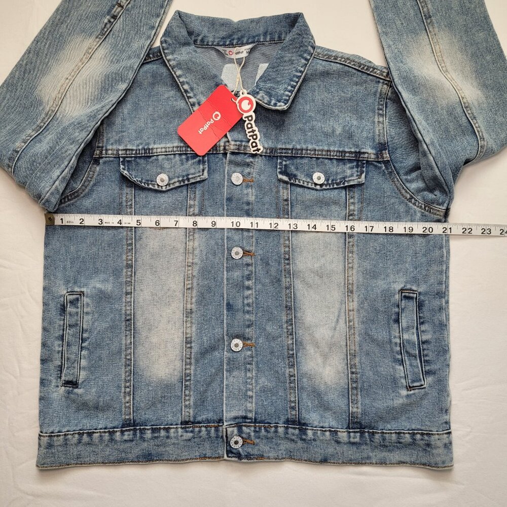 Patpat Mama Distressed Denim Jean Jacket Medium Light Wash Streetwear - Picture 8 of 14